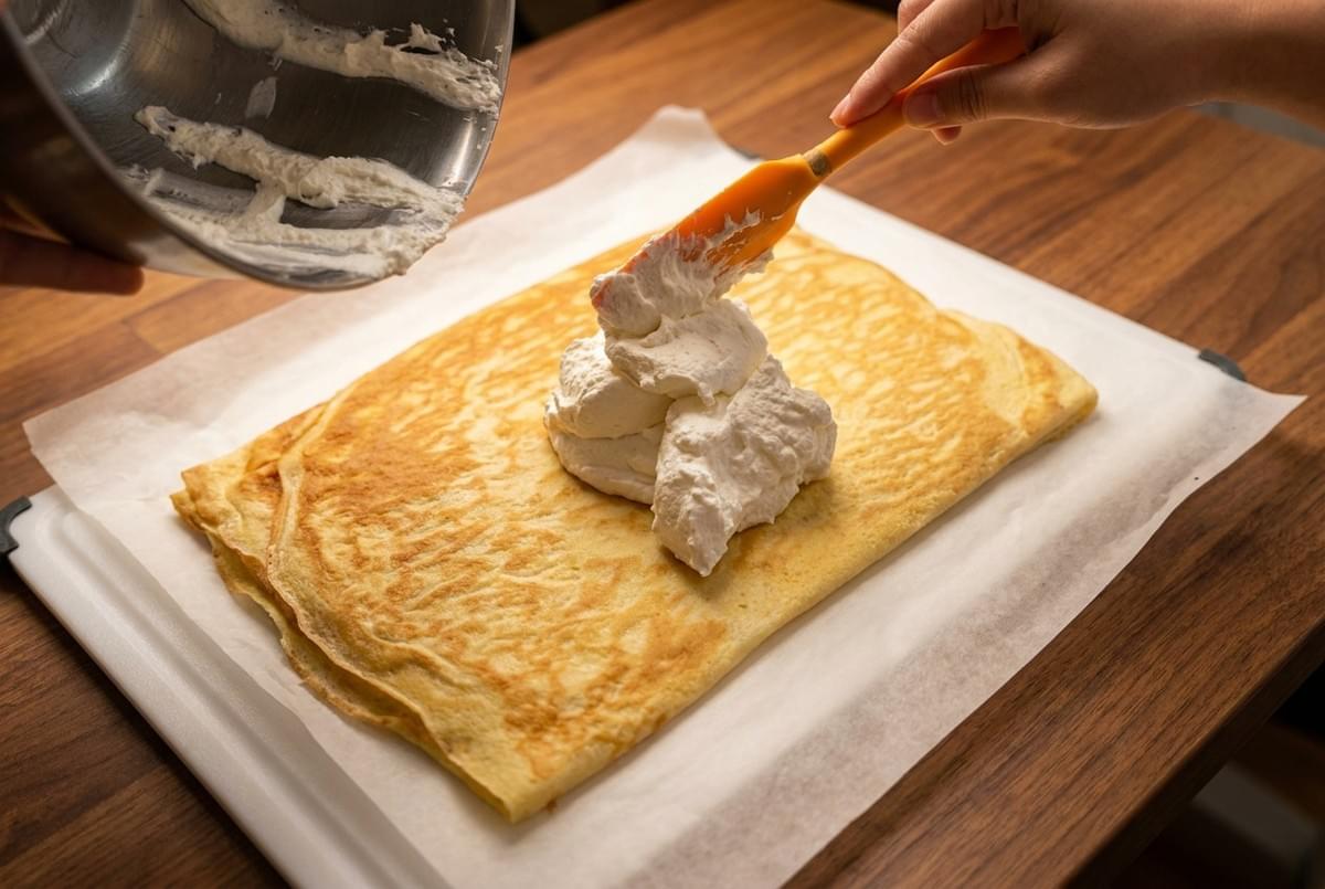 Spreading whipped white cream onto a flat sponge cake sheet using a spatula on parchment paper.