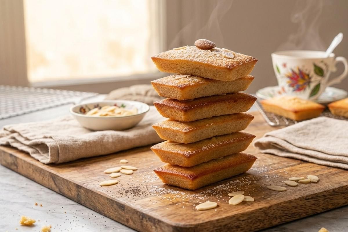 Stack of golden financier cakes on wooden board with sliced almonds and teacup