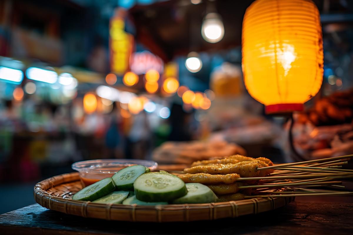 A woven platter rests on a wooden table, displaying golden grilled satay skewers served with fresh cucumber slices and a side of dipping sauce. A warm orange lantern glows in the foreground, contrasting with the blurred, colorful bokeh lights of the busy night market behind it.