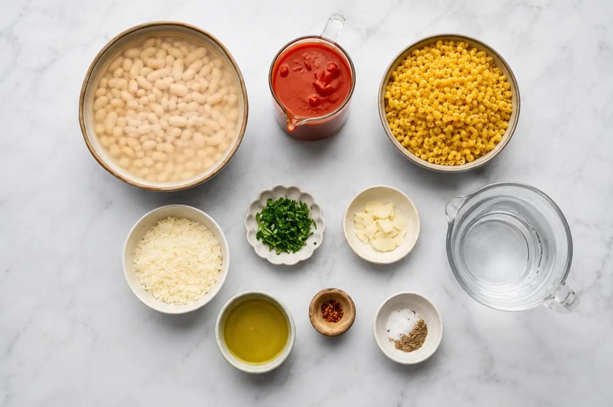 Flat lay of ingredients for pasta e fagioli including white beans, tomato sauce, ditalini pasta, cheese, herbs, garlic, and olive oil.