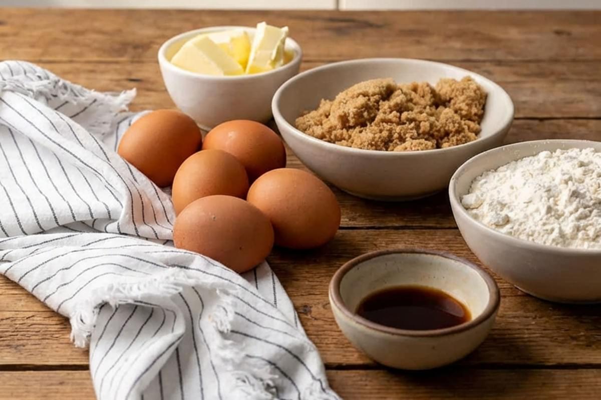 Financier ingredients: eggs, butter, brown sugar, flour, and vanilla on wooden table