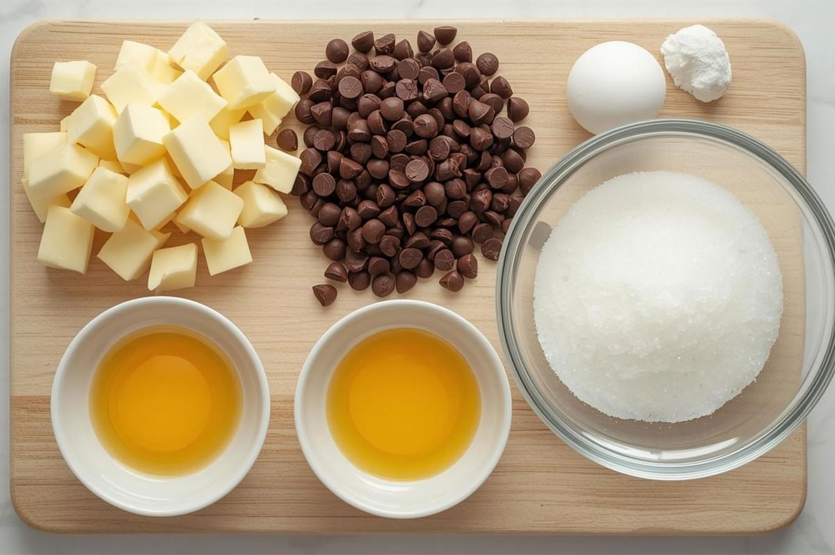 Overhead flat lay of chocolate baking ingredients on a wooden board: cubed butter, a pile of chocolate chips, sugar, eggs, and two bowls of liquid sweetener (honey or corn syrup).