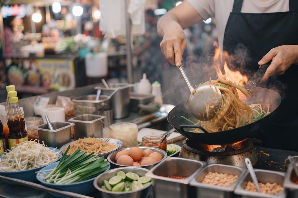 Street food vendor cooking Pad Thai in a flaming wok with fresh ingredients.