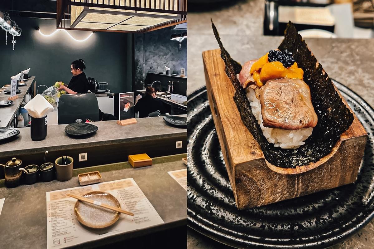Left: Eye-level medium-wide shot of a minimalist Japanese izakaya counter with stone countertop, wooden overhead light fixture, and neatly arranged plates, chopsticks, condiments, and menus, with an open prep area and staff working in the background under soft ambient lighting. Right: Close-up, three-quarter angle of a premium sushi piece topped with seared meat and bright orange uni, wrapped in crisp seaweed and set on a wooden block over a dark ceramic plate, highlighting glossy textures and layered presentation.