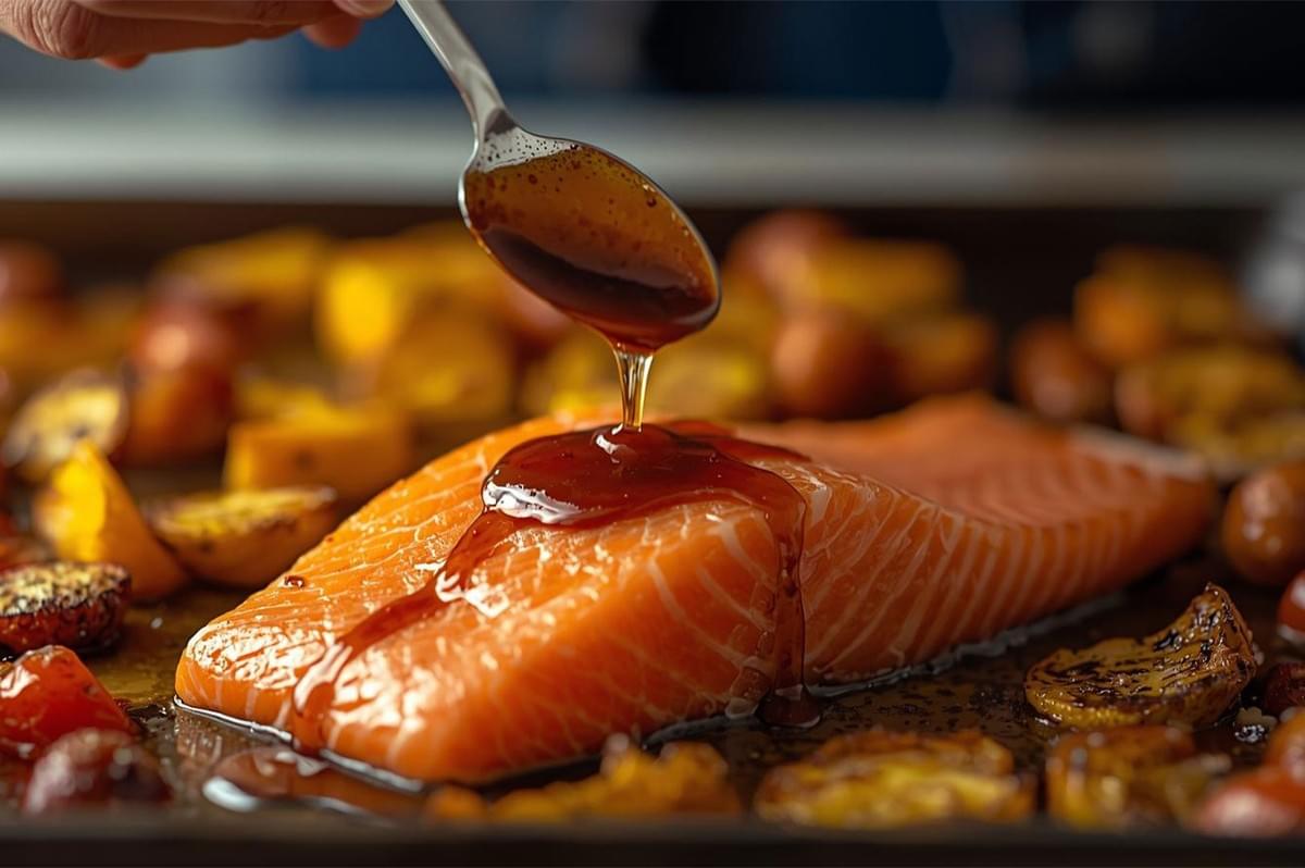 Close-up of a hand using a spoon to drizzle a dark, sticky miso glaze over a large, raw salmon fillet on a sheet pan with roasted potatoes or vegetables.