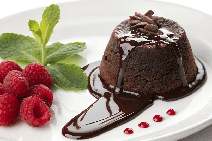 An elegant molten lava cake topped with chocolate shavings and a glossy chocolate glaze that drips down the sides. The dish is garnished with a sprig of fresh mint, vibrant red raspberries, and delicate drops of raspberry coulis.