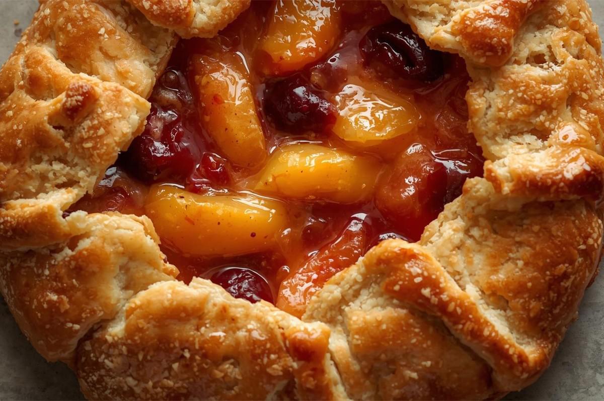 Close-up of a freshly baked, rustic galette (free-form tart) filled with sweet, warm filling made of sliced peaches and whole cherries.
