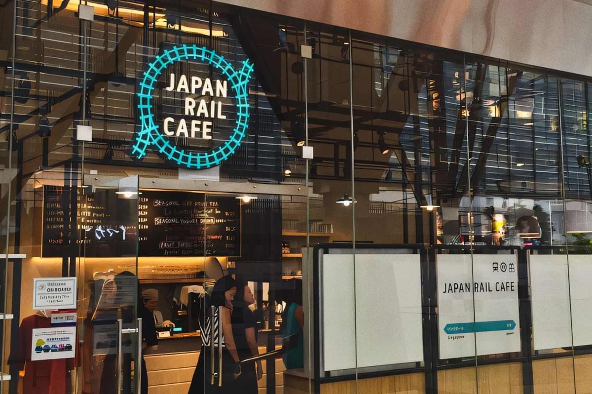 Exterior of Japan Rail Café with illuminated signage, glass storefront, and a view of the café’s counter and seating inside.