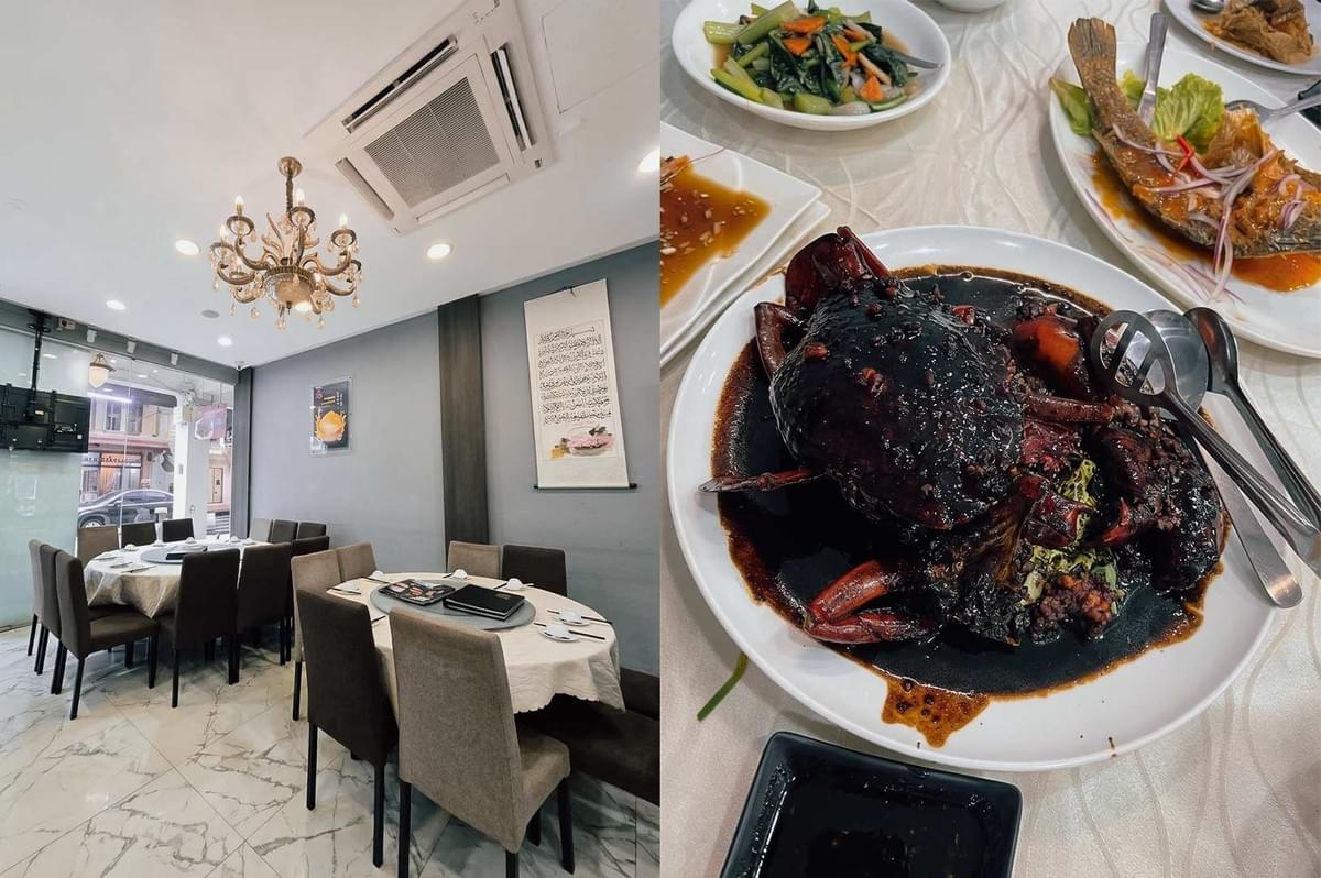 A split image displaying a Chinese restaurant interior on the left and a black pepper crab dish on the right. The left panel shows a dining area with marble tiled flooring, round dining tables set with chairs, a crystal chandelier, and Arabic wall calligraphy art. The right panel presents a large cooked whole crab drenched in glossy, dark black pepper sauce on a white plate, served alongside stir-fried vegetables and fried fish dishes.