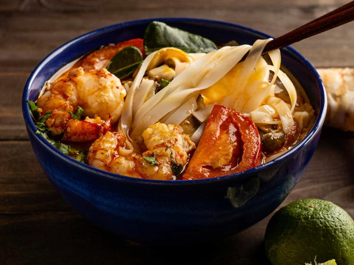 An aesthetically photographed of Laksa, highlighting its different ingredients.