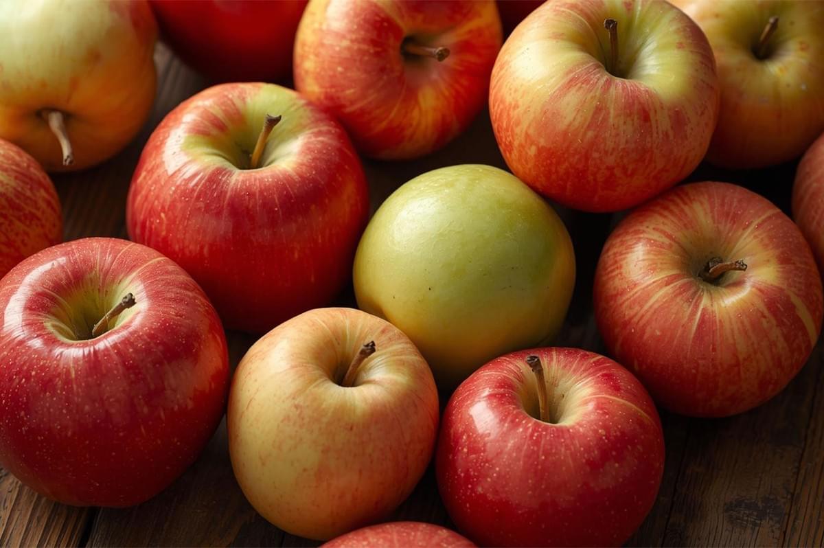 Close-up, overhead view of a diverse group of apples, including red/yellow striped varieties and a central green apple, scattered on a wooden surface.