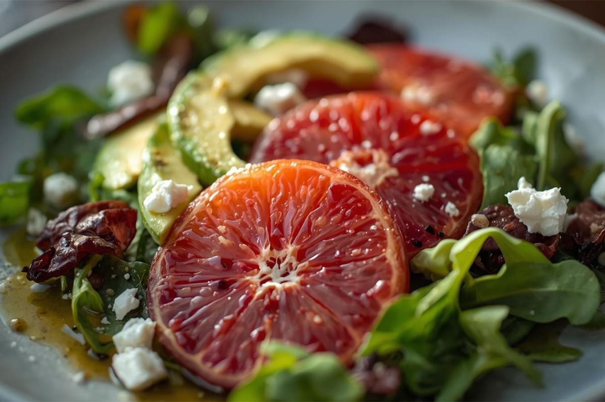 Close-up of a gourmet salad featuring vibrant, sliced blood oranges, thin slices of green avocado, crumbled white cheese (likely feta or goat cheese), and dark greens, all drizzled with dressing on a plate.