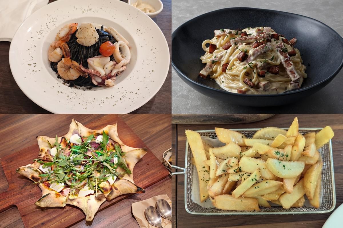 Selection of Italian dishes from Positano Risto including squid ink pasta, carbonara, star-shaped pizza, and fries.
