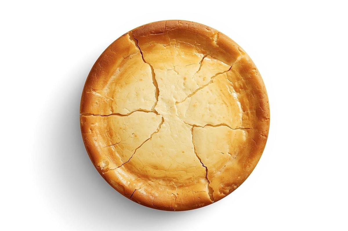 Top-down view of a classic baked cheesecake with characteristic cracks across the lightly browned surface, isolated on a white background.