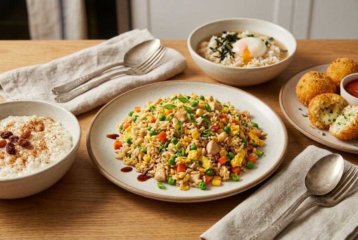 A plate of mixed vegetable fried rice served with side dishes including rice porridge and fried arancini balls.