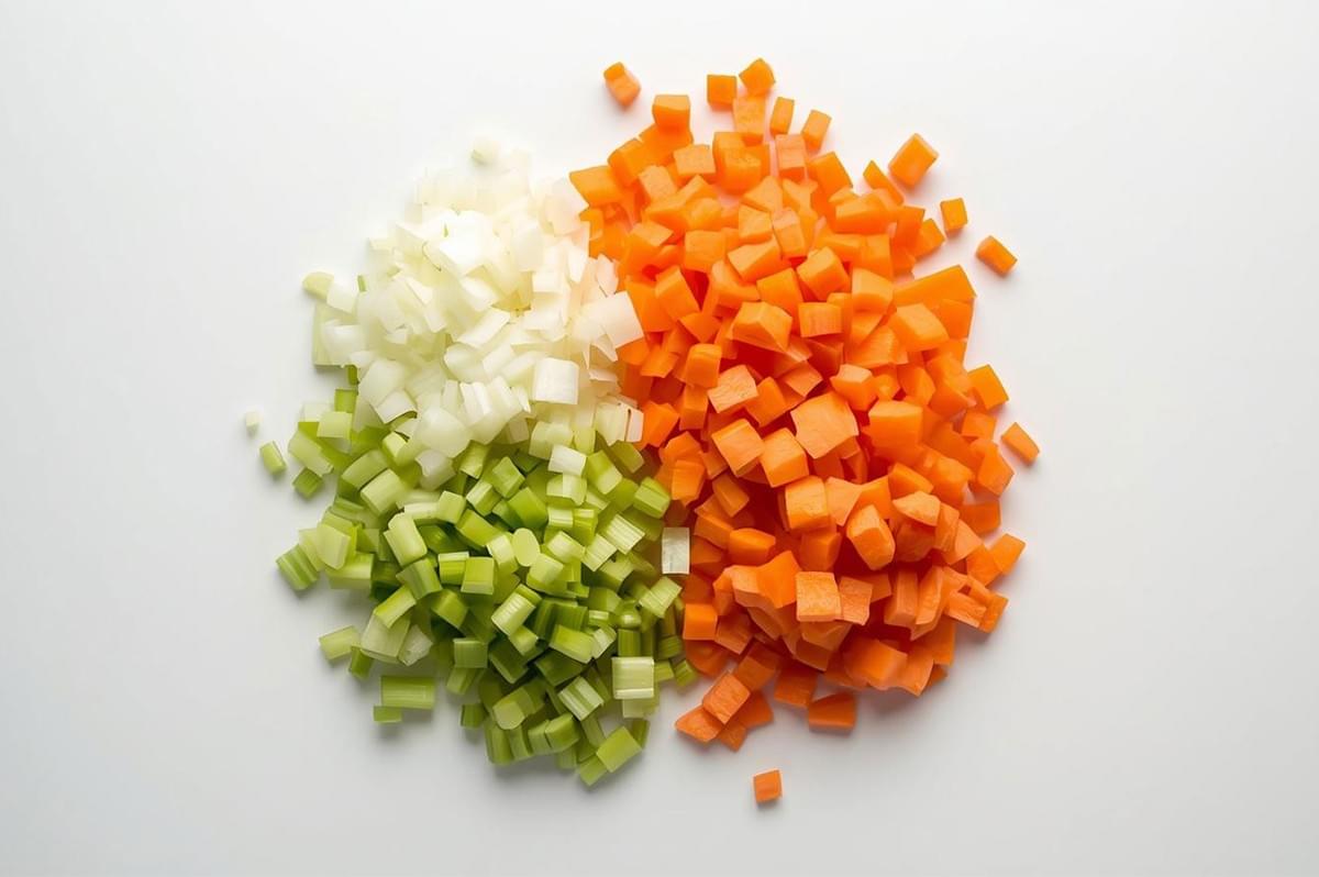 An overhead shot of three small piles of finely diced vegetables—white onion, green celery, and orange carrots—demonstrating the brunoise cut, a very fine dice.