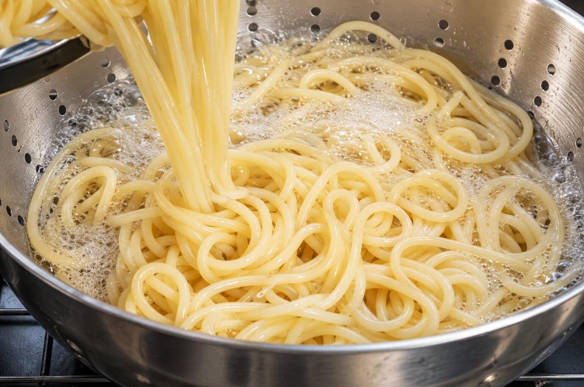 Cooked spaghetti pasta being poured into a metal colander to drain.