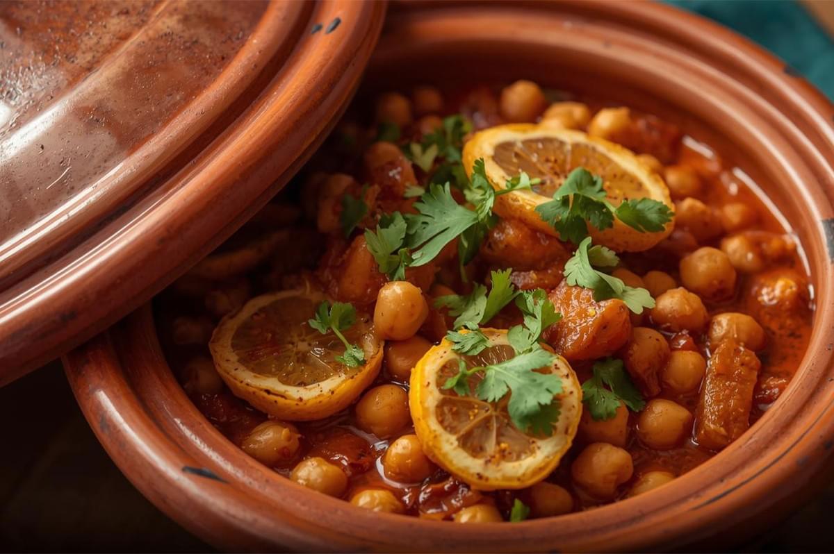 Close-up of a traditional clay tagine filled with a hearty stew of chickpeas in a rich, reddish sauce, garnished with caramelized lemon slices and fresh cilantro.