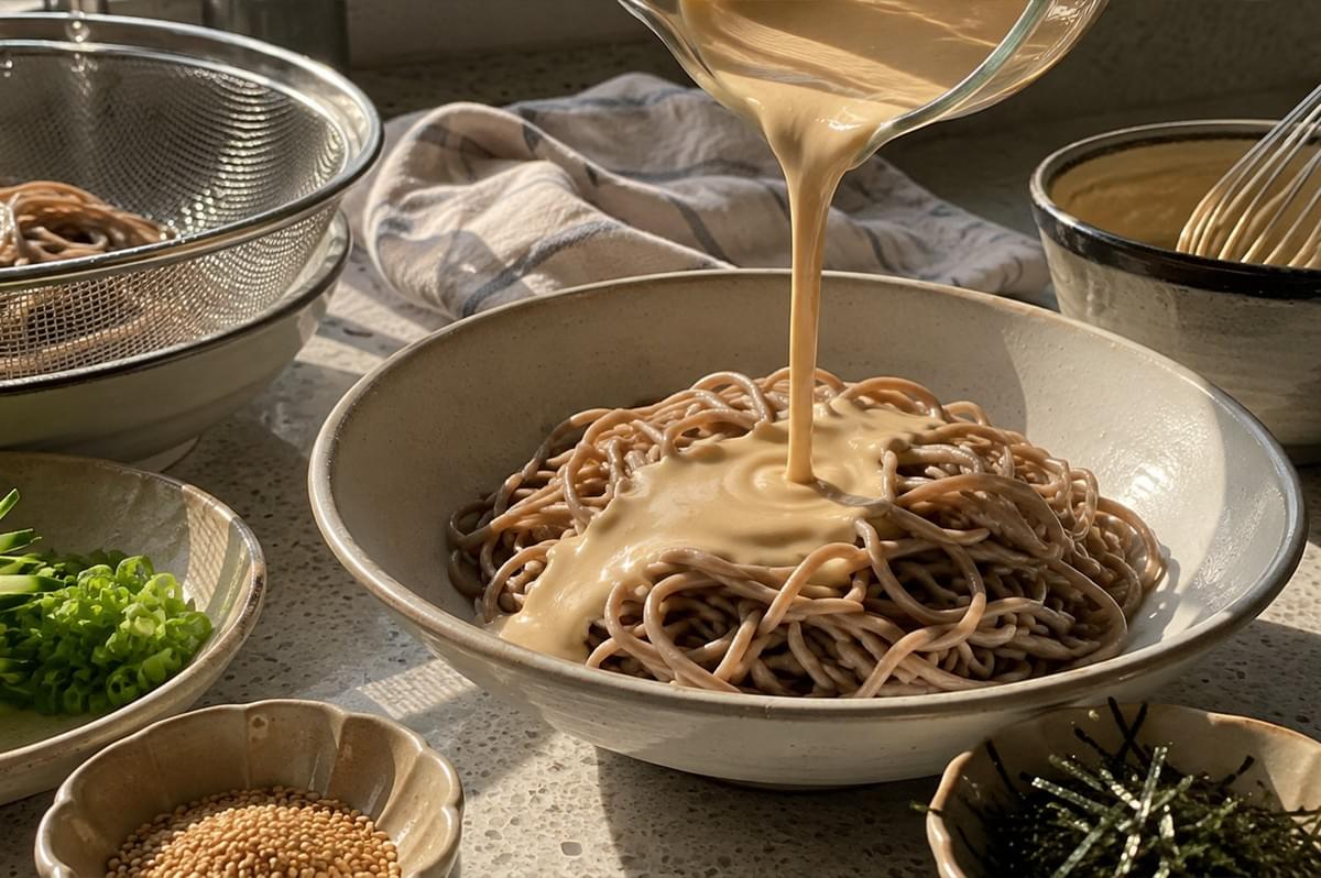 A close-up shot captures a thick, creamy, light-tan sesame-tahini sauce being poured from a clear glass measuring cup onto a pile of cooked soba noodles nestled in a large, off-white ceramic bowl. The smooth sauce cascades over the center of the brown buckwheat noodles, pooling in the crevices. In the sunlit background, small ceramic pinch bowls hold the prepared toppings, including vibrant green chopped scallions, golden sesame seeds, and finely shredded black nori.