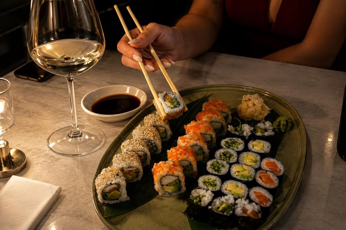 A person using chopsticks to pick up a sushi roll from a large platter next to a glass of white wine.