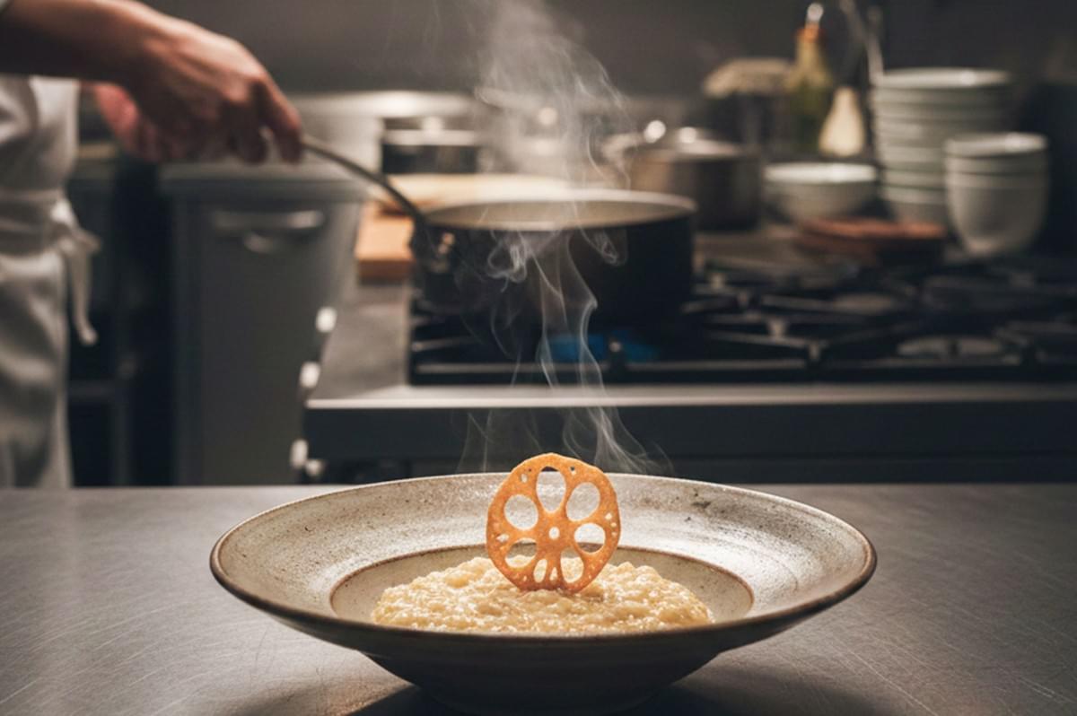 A chef in a professional kitchen plating a steaming bowl of creamy risotto, carefully positioning a fried lotus root chip on top as a garnish.