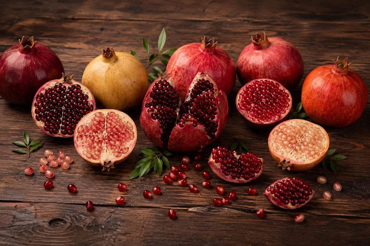 Assortment of whole and cut pomegranates with different colored seeds on a dark wood table