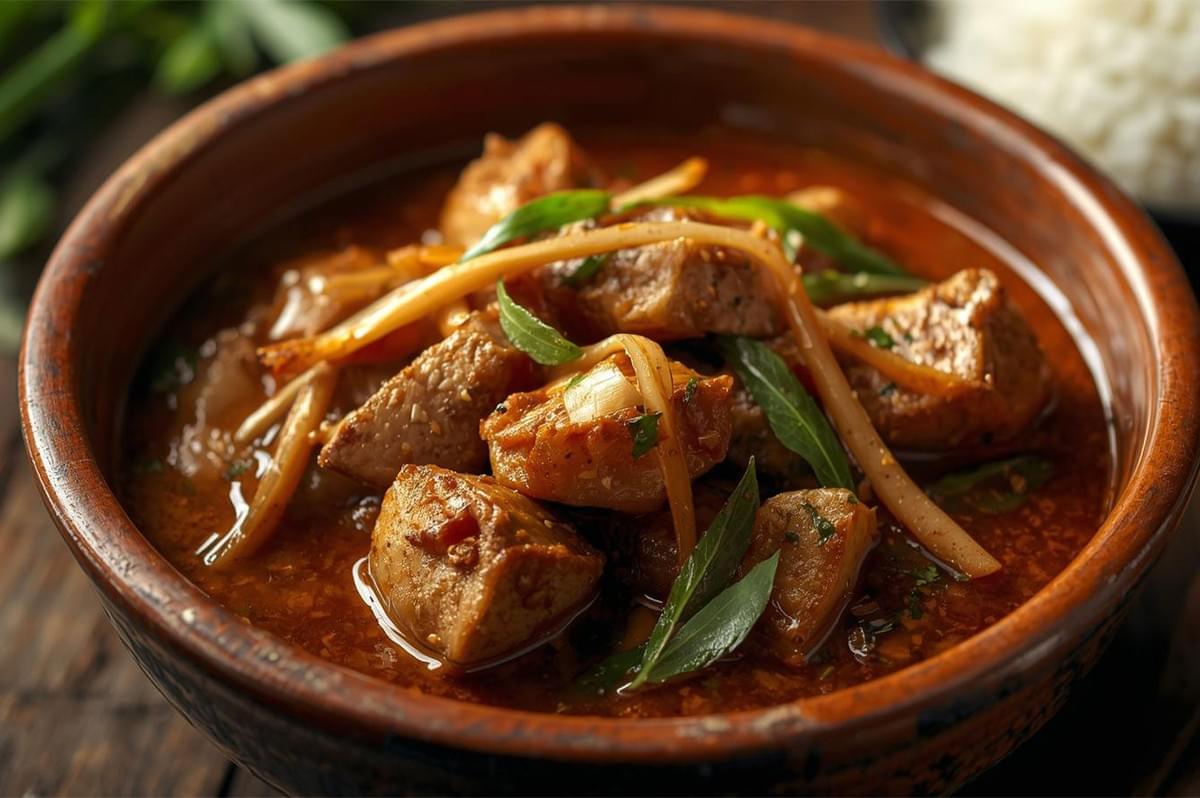 A close-up of a dark, rustic wooden bowl filled with a deep red-brown, spicy curry containing chunks of pork or beef, garnished with long slivers of ginger and fresh herbs.