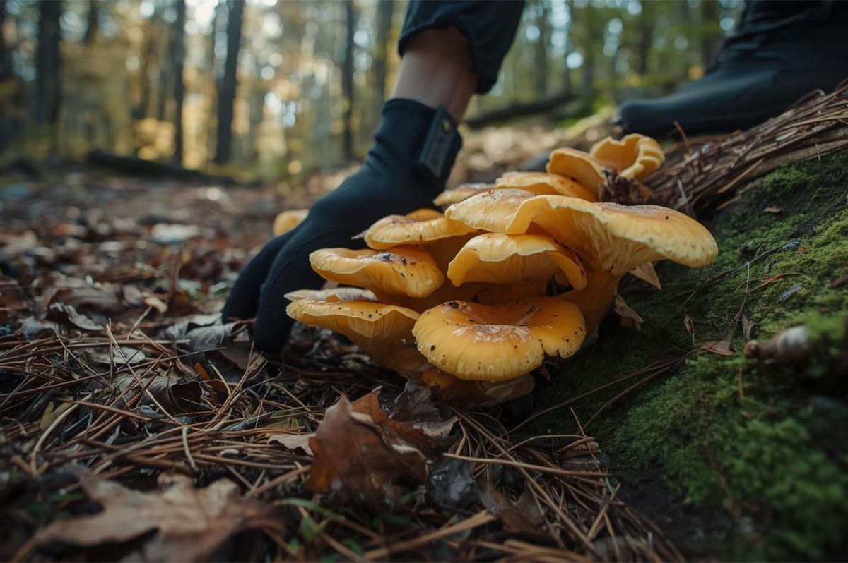 Low-angle shot of a gloved hand reaching toward a cluster of bright yellow wild mushrooms (likely Golden Oyster or similar) growing on a mossy log in a forest setting.