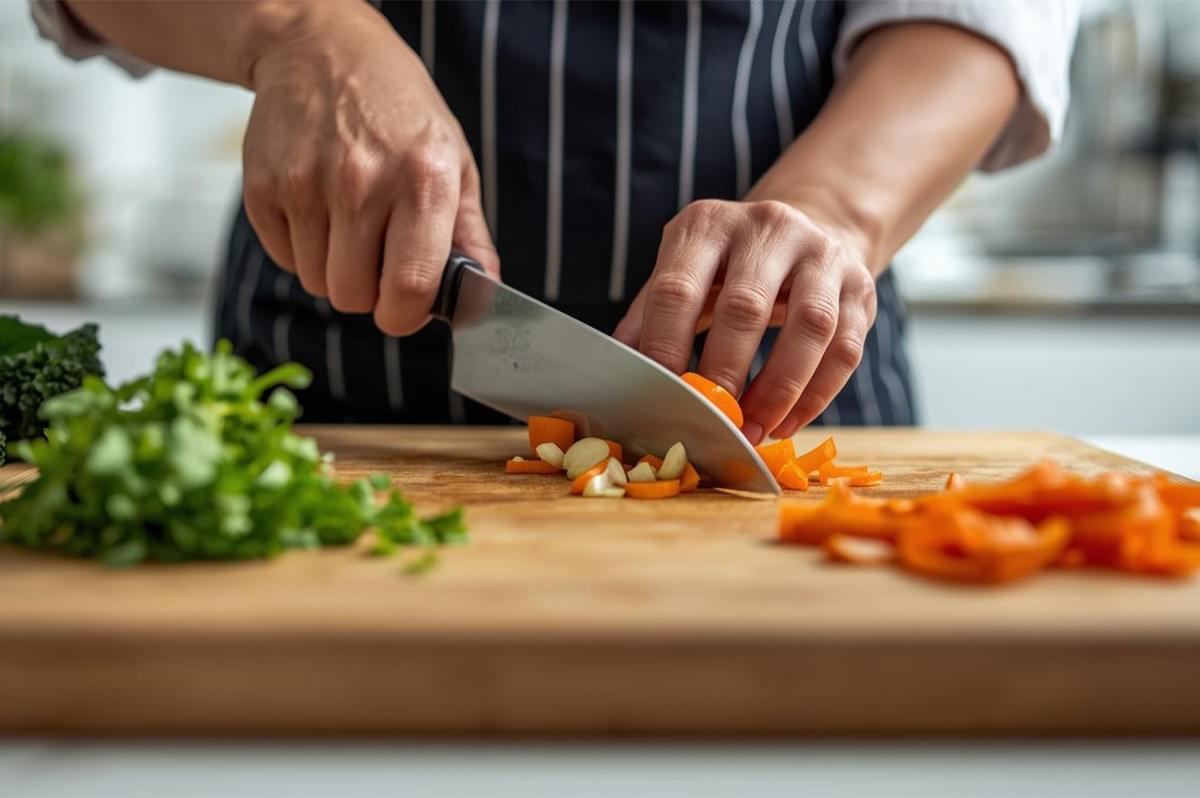 A close-up of a person wearing a striped chef's apron using a large knife to finely chop carrots and garlic on a wooden cutting board, with fresh green herbs blurred in the foreground. 
