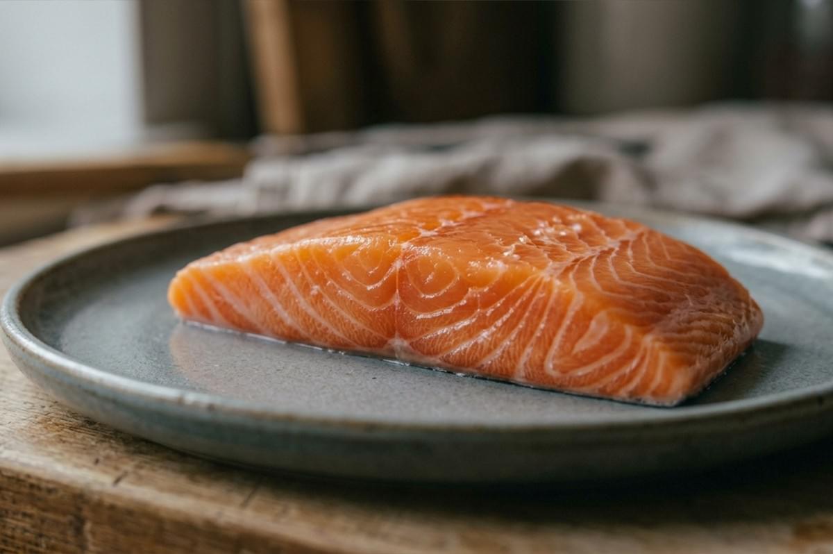 Shot of a single raw, skinless salmon fillet resting on a matte grey ceramic plate. The salmon is exceptionally fresh, showcasing deep orange-pink flesh with distinct, ivory-colored fat lines curving through the meat in a marble-like pattern. The lighting is soft and diffused, highlighting the moist texture of the fish and the natural sheen of its surface. The background is softly out of focus, showing a rustic wooden surface and muted fabric, emphasizing the quality and simplicity of the raw ingredient.