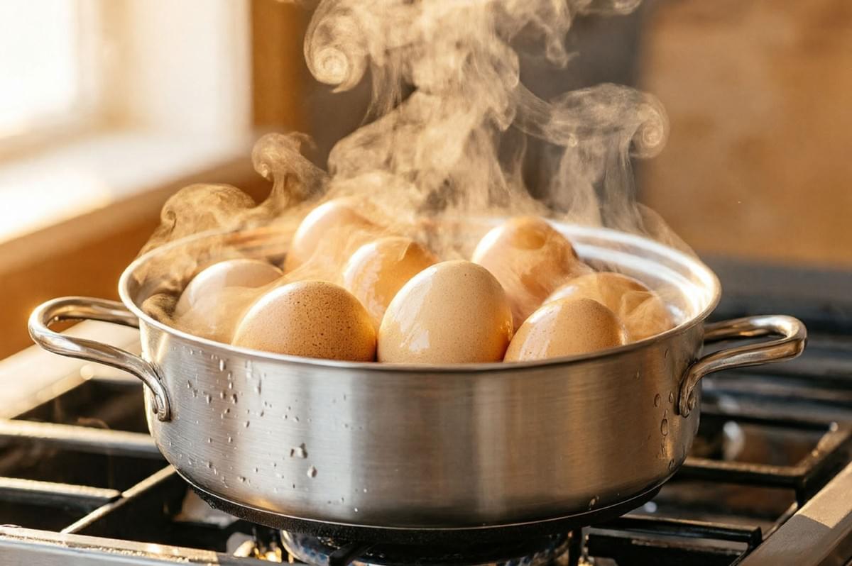 Eggs boiling in stainless steel pot on gas stove with rising steam