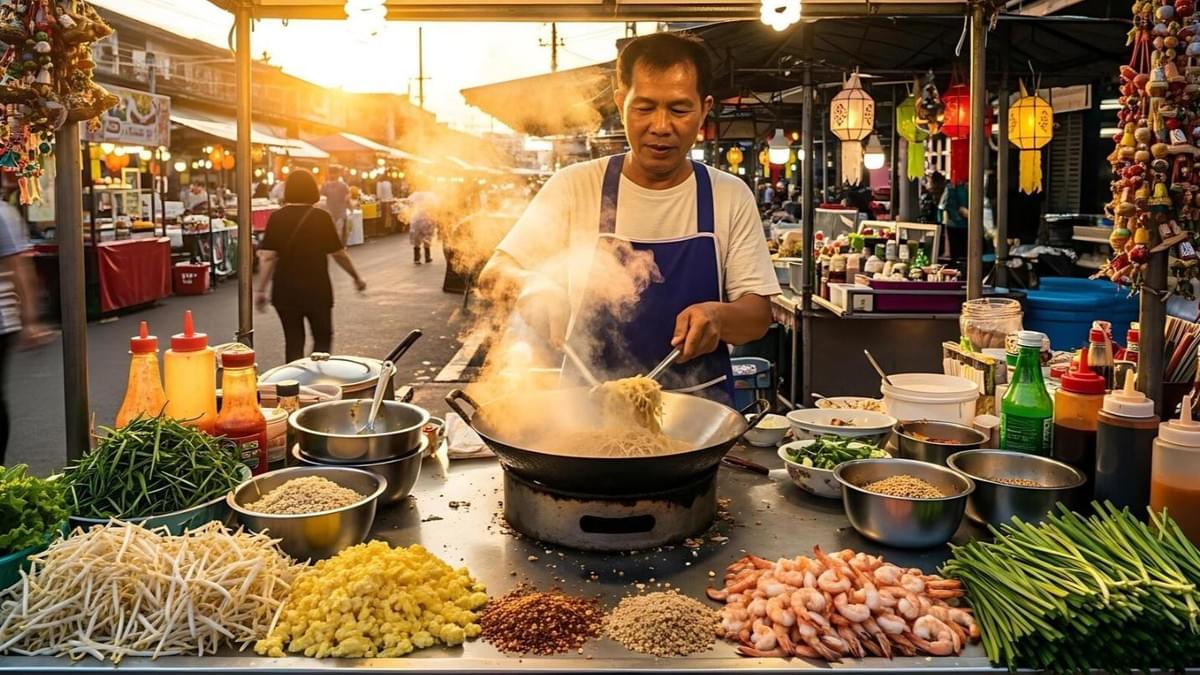 This vibrant photograph captures a street food vendor intently cooking noodles in a large wok amidst the golden light of sunset in a bustling market.