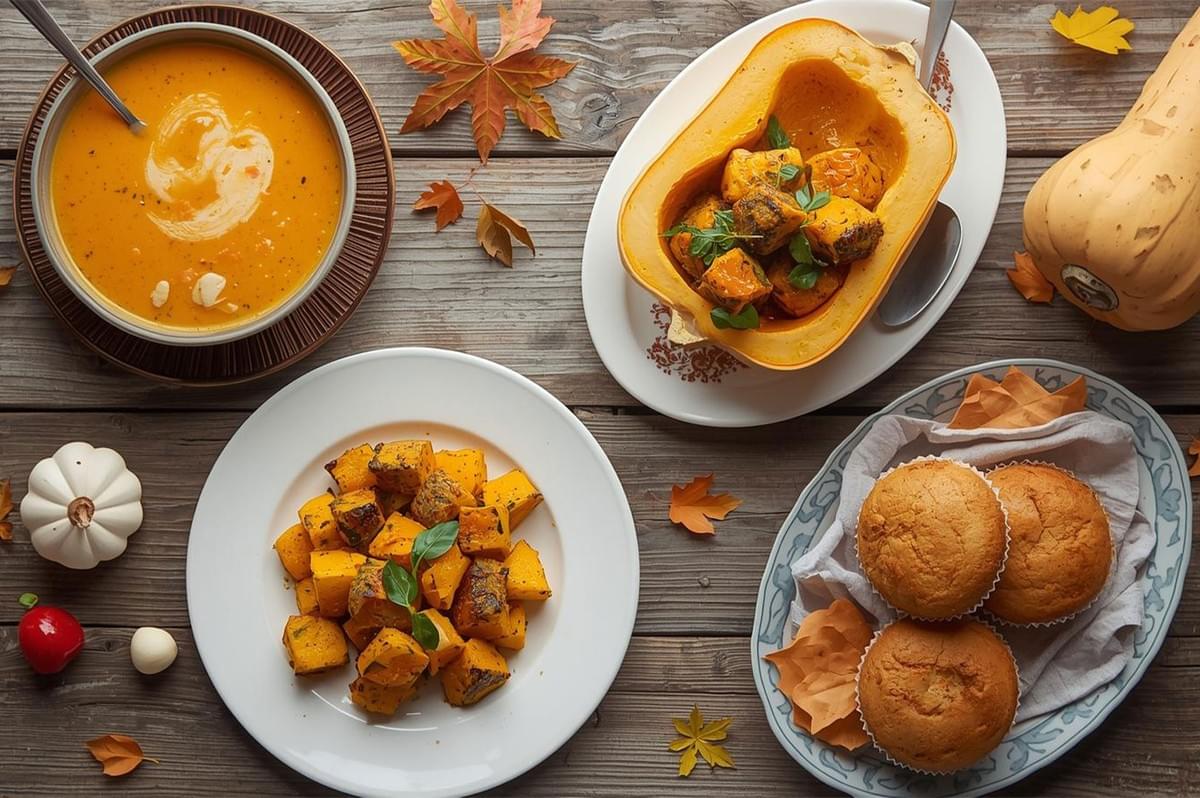 An overhead flat lay of a rustic fall food spread, including a bowl of squash soup, a plate of roasted squash cubes, savory muffins, and a whole butternut squash on a wooden table decorated with autumn leaves.