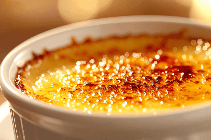 A close-up of a perfectly caramelized crème brûlée top, showing a glassy, amber sugar crust with small bubbles and deep golden highlights.