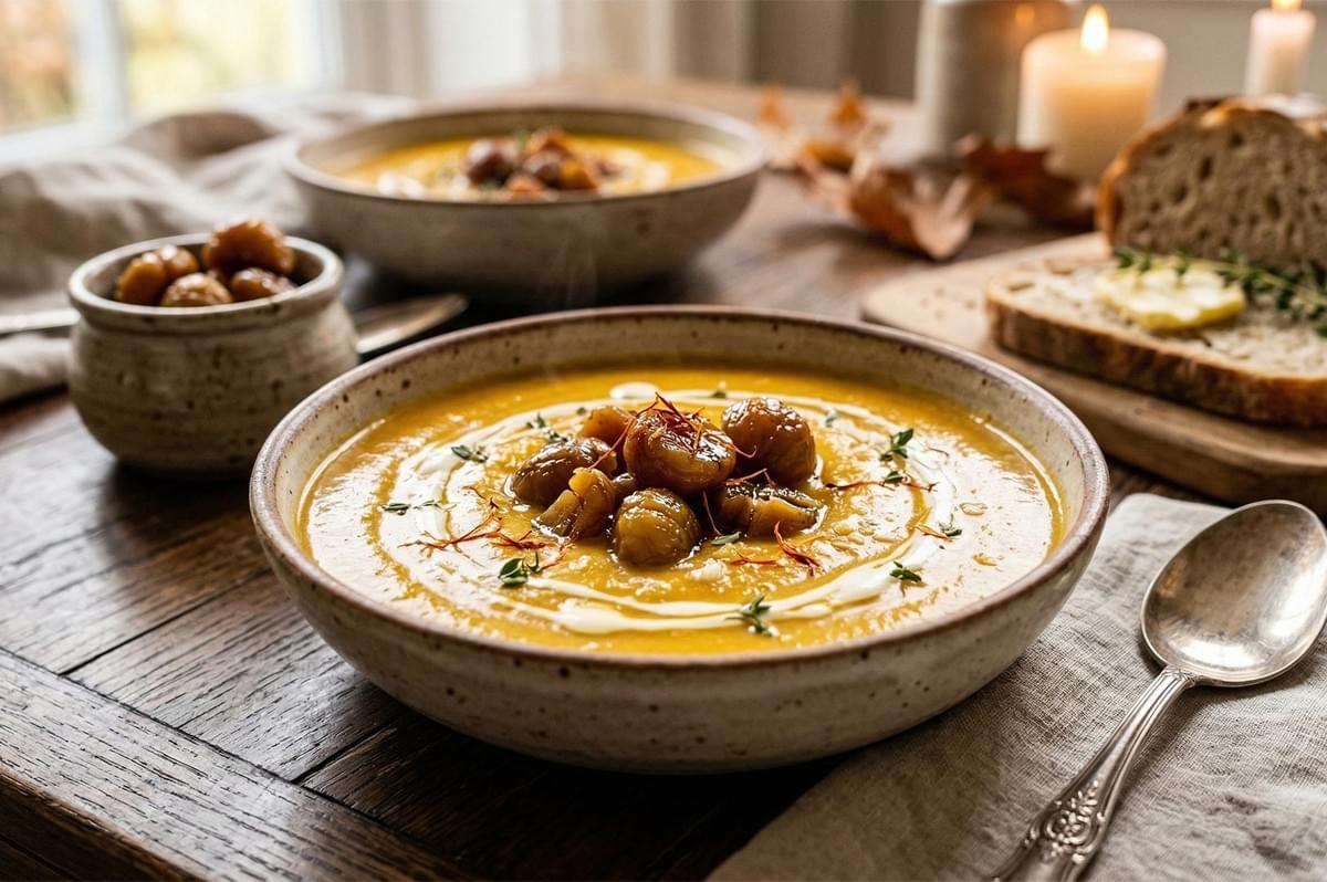 A rustic bowl of creamy pumpkin soup topped with roasted chestnuts, saffron threads, a swirl of cream, and fresh thyme on a wooden table.
