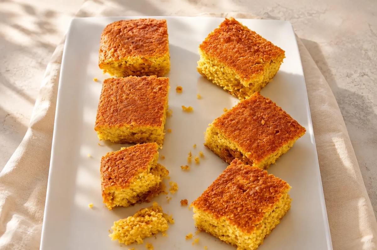 Square pieces of baked cornbread arranged on a long rectangular white platter.