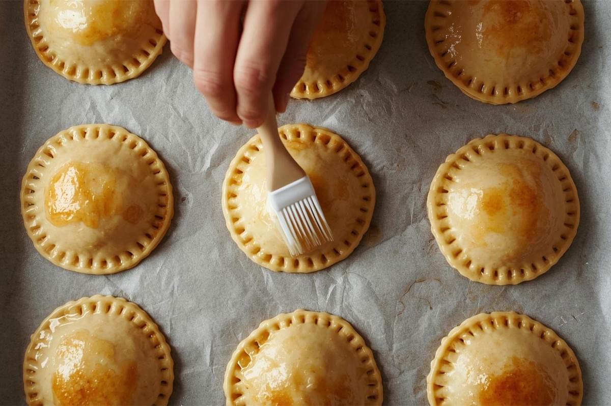 Overhead view of a hand using a pastry brush to apply a golden egg wash to raw, unbaked, perfectly sealed round empanadas arranged on a parchment-lined baking sheet, giving them a rich color.