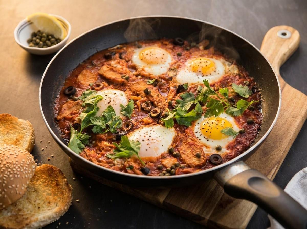 A steaming skillet of shakshuka filled with a rich tomato sauce, black olives, capers, and fresh herbs, topped with five perfectly poached eggs, served with toasted bread on the side.