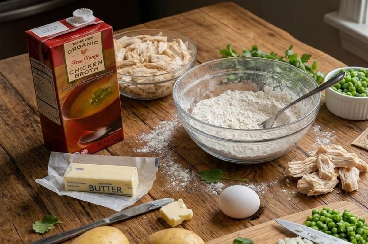 Ingredients for making salteñas laid out on wooden table including chicken broth, shredded chicken, flour, butter, egg, peas, and potatoes