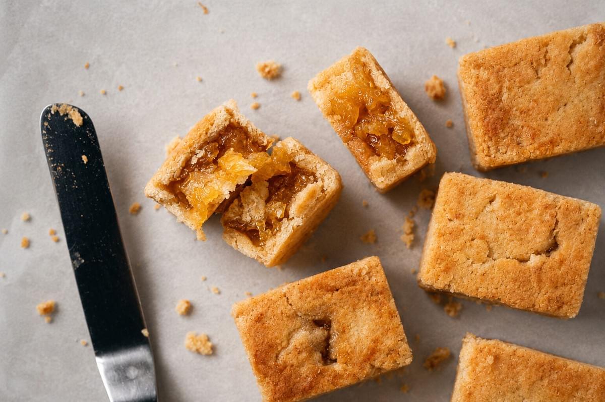  Overhead view of square pineapple cakes on baking paper, with one broken open to display the pineapple filling next to an offset spatula.