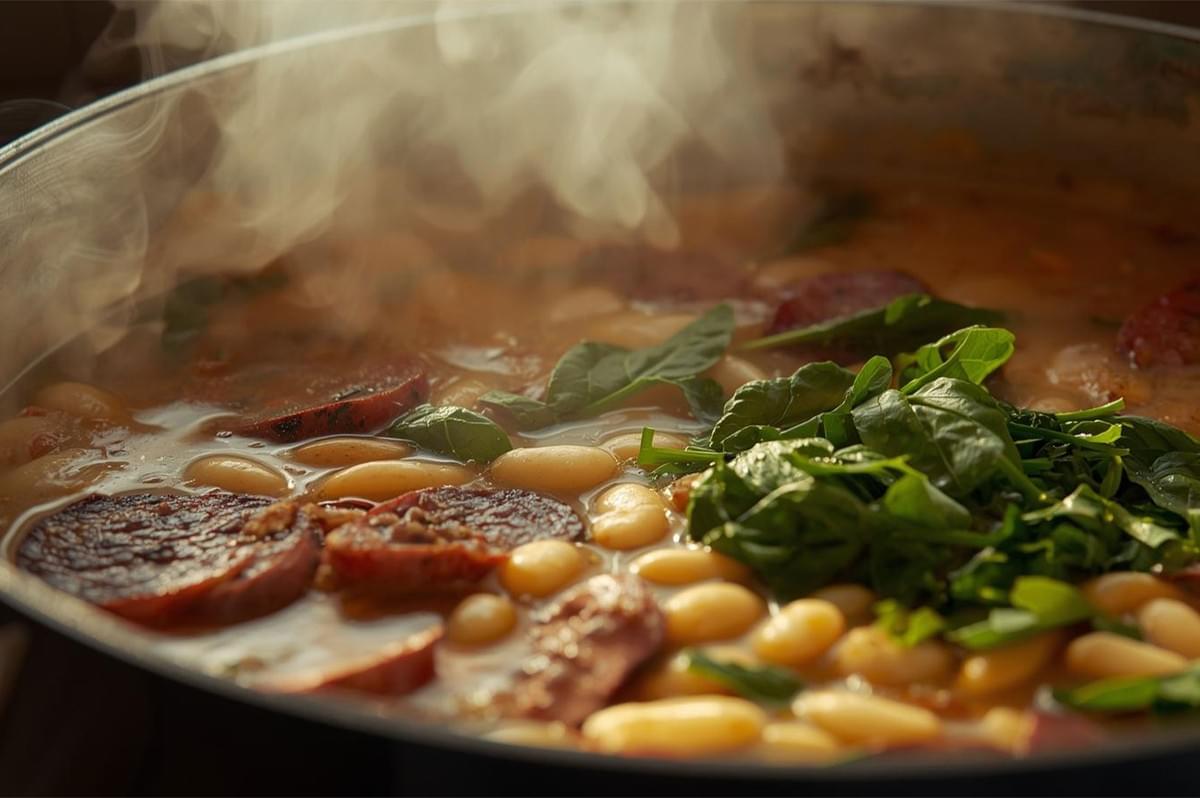 A close-up of a pot filled with a white bean and sausage stew steaming heavily, with thick slices of cooked sausage and a fresh handful of spinach or other greens added just before serving.