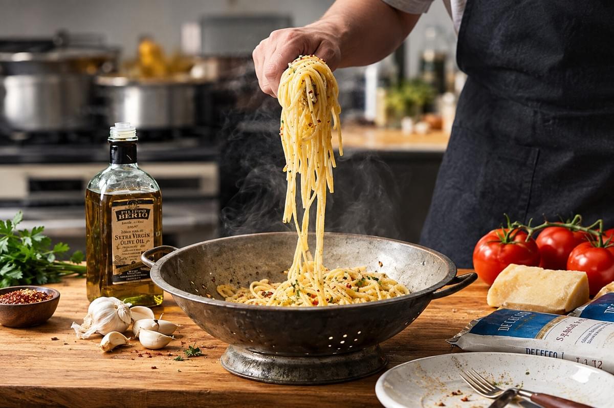 Tongs lifting steaming spaghetti coated in oil and spices above a metal colander on a wooden board.