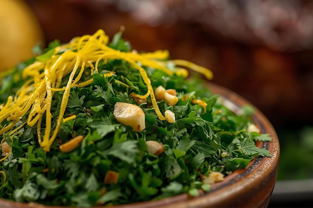 Close-up of Gremolata, a bright green Italian condiment made from finely chopped fresh parsley, pine nuts or chopped nuts, and thin strips of yellow lemon zest.