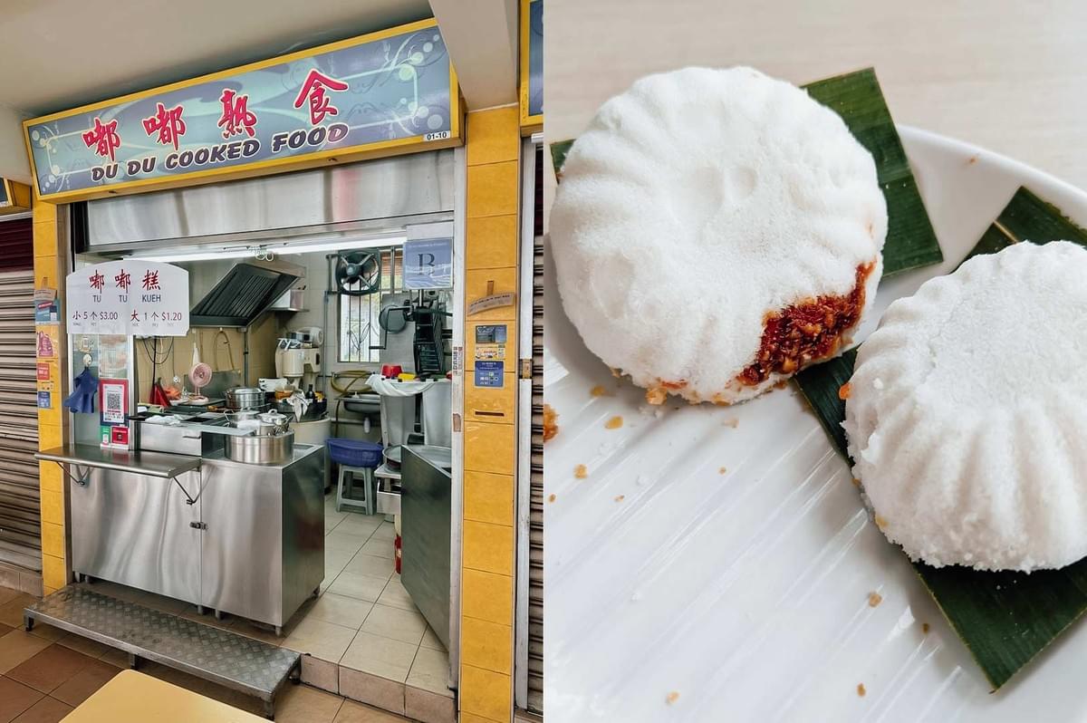 A side-by-side composite image showing the "Du Du Cooked Food" (嘟嘟熟食) hawker stall unit on the left with a stainless steel counter and sign displaying "TU TU KUEH" prices, alongside a close-up detail on the right of two steamed white tu tu kueh rice cakes resting on small banana leaf squares, with sweet peanut filling visible through the soft crust.