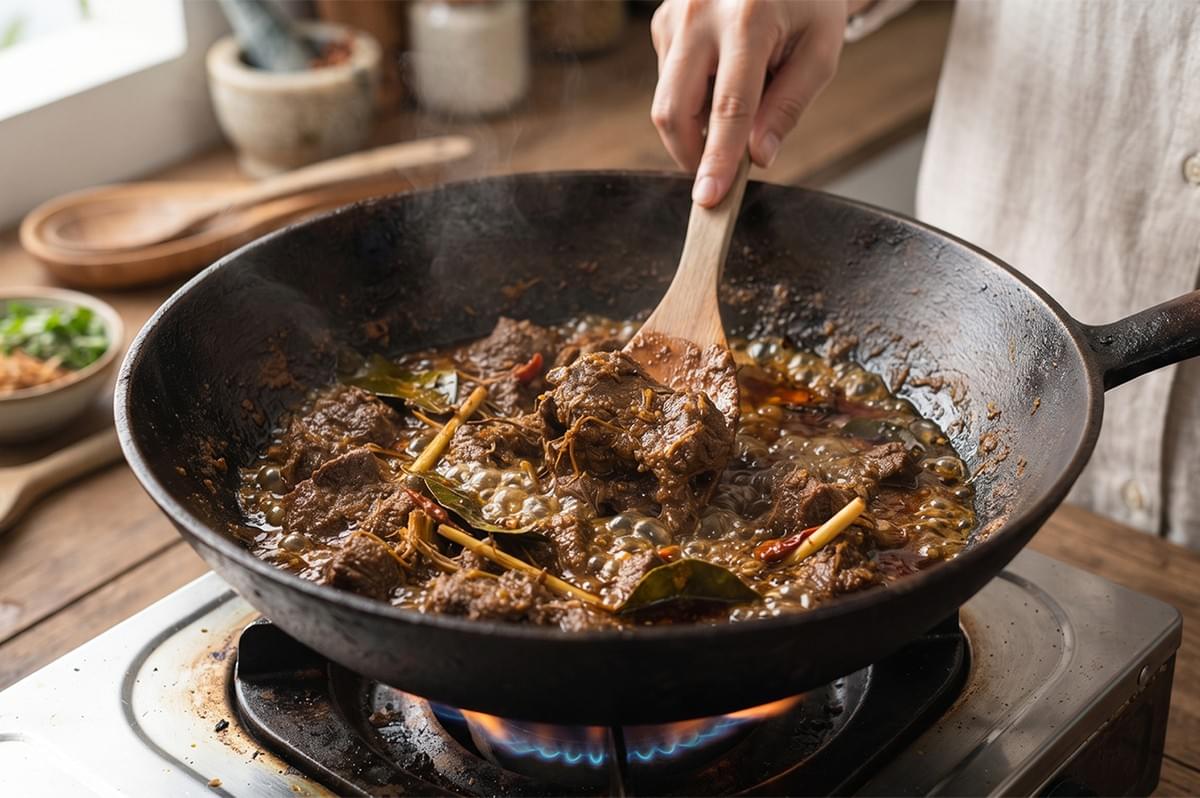 Person cooking beef rendang in a wok on a stove.