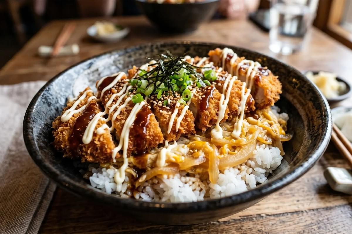 Japanese katsu donburi (pork cutlet rice bowl) topped with egg, onions, mayo, and tonkatsu sauce.