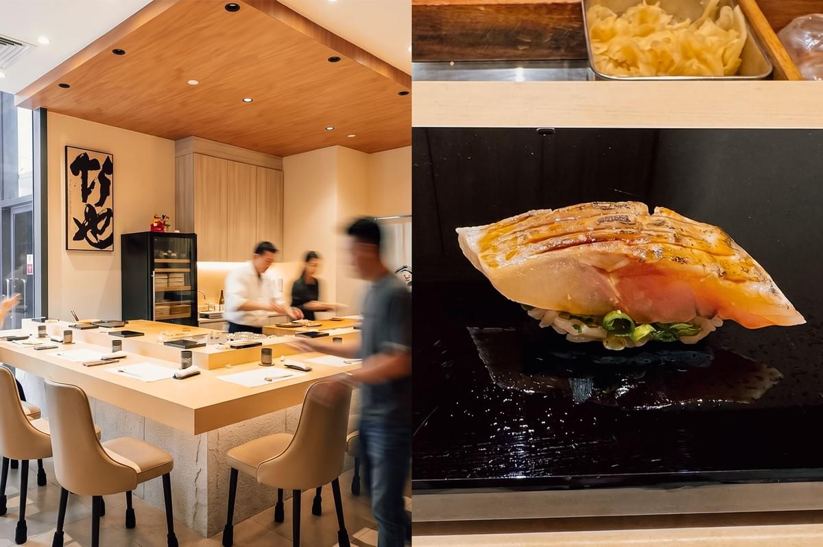 left: Interior view of a minimalist Japanese dining room featuring a light-toned wooden L-shaped counter set with place settings and cream-colored upholstered chairs with black legs. Behind the counter, chefs work under a recessed wooden ceiling canopy. Large floor-to-ceiling windows line the left side, and Japanese calligraphy artwork hangs on the light beige wall. Motion blur captures diners and staff moving through the space.    right: A single piece of nigiri sushi featuring lightly torched white fish brushed with a soy glaze, served over seasoned rice with green onions on a glossy black square plate. The plate sits on a light wooden sushi counter with a tray of pickled ginger visible in the background.