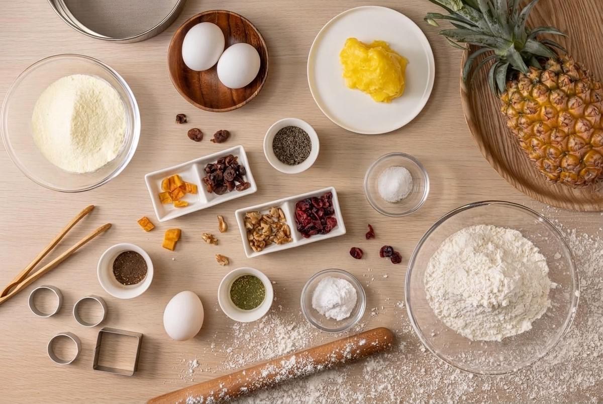 Flat lay of baking ingredients including flour, eggs, butter, dried fruits, and a whole pineapple on a wooden counter. 