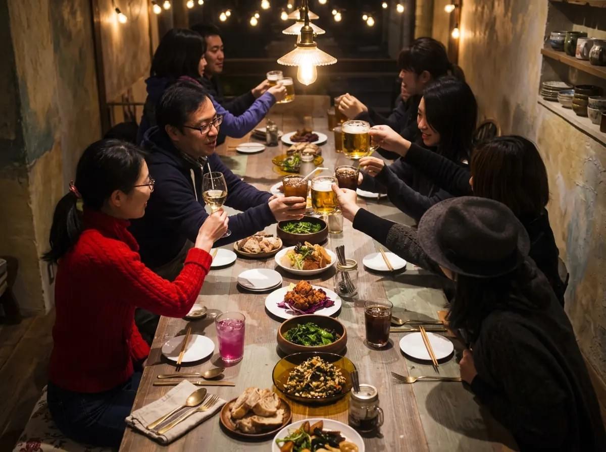 A group of people raising glasses in a toast over a shared meal at a long rustic table.