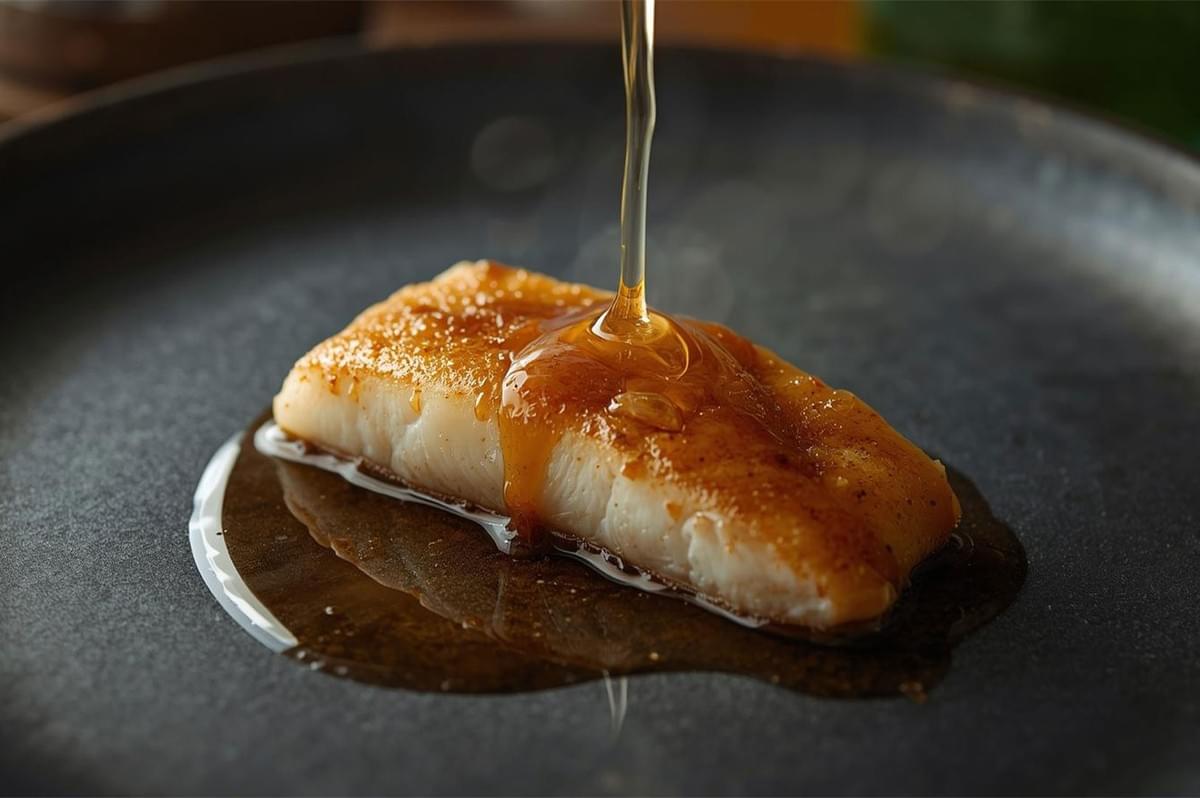 A savory amber glaze being poured onto a perfectly pan-seared white fish fillet resting on a dark ceramic plate.